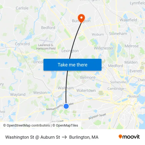 Washington St @ Auburn St to Burlington, MA map