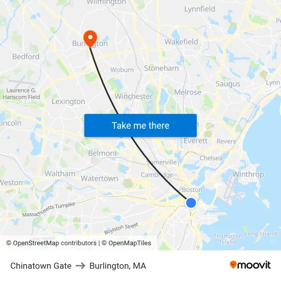 Chinatown Gate to Burlington, MA map