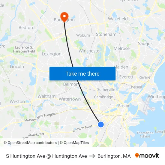 S Huntington Ave @ Huntington Ave to Burlington, MA map