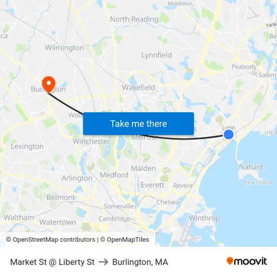 Market St @ Liberty St to Burlington, MA map