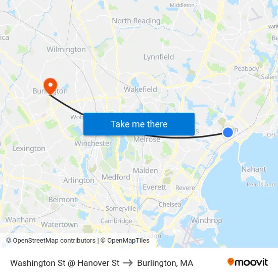 Washington St @ Hanover St to Burlington, MA map