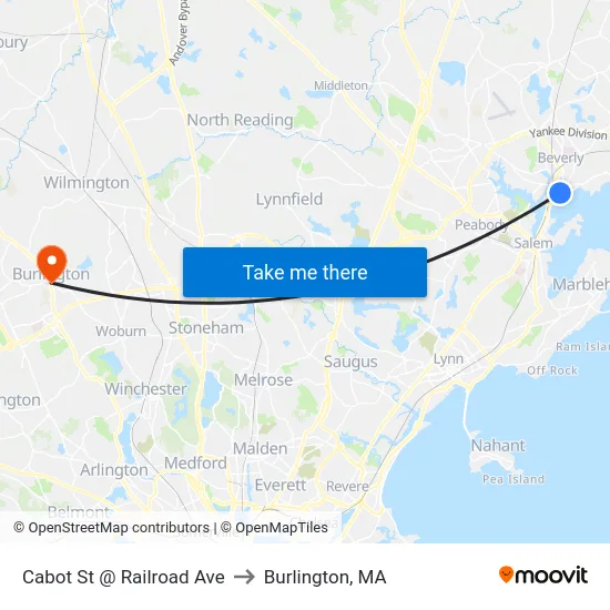 Cabot St @ Railroad Ave to Burlington, MA map