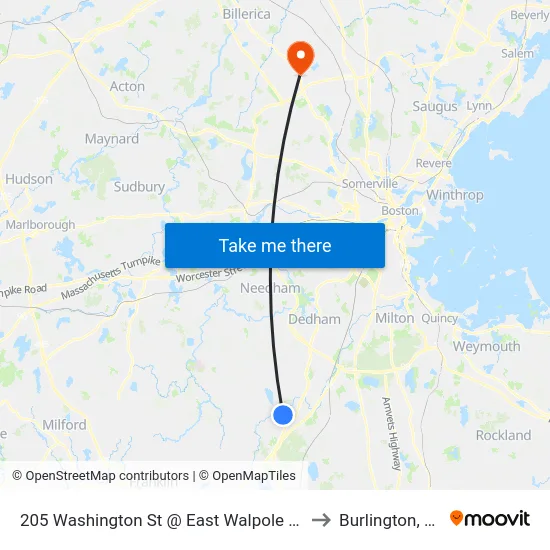205 Washington St @ East Walpole Loop to Burlington, MA map