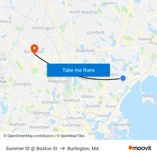 Summer St @ Boston St to Burlington, MA map