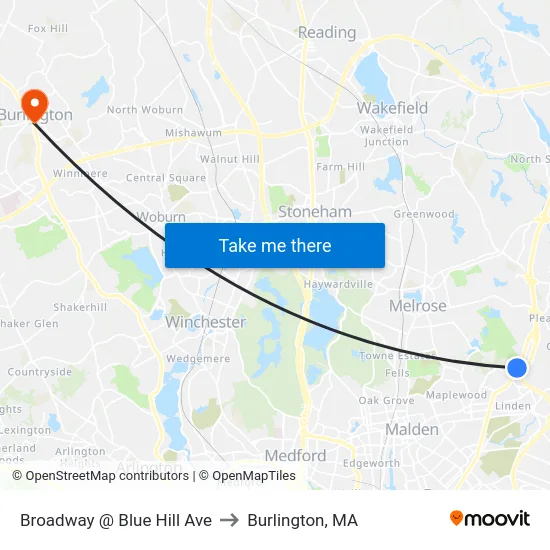 Broadway @ Blue Hill Ave to Burlington, MA map
