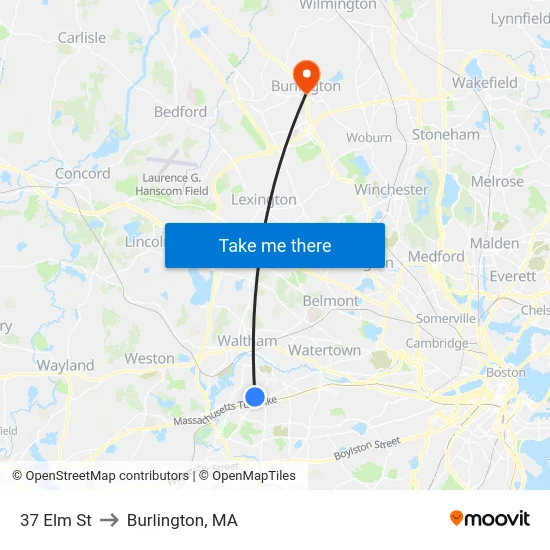 37 Elm St to Burlington, MA map