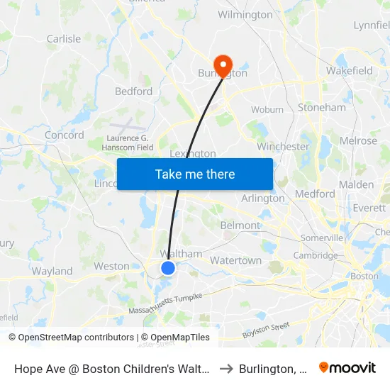 Hope Ave @ Boston Children's Waltham to Burlington, MA map