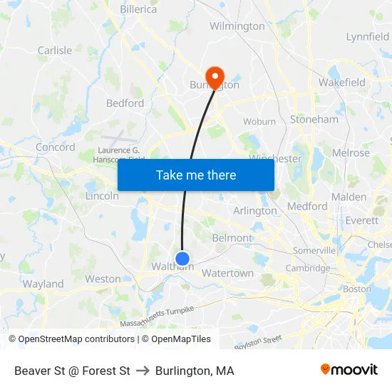 Beaver St @ Forest St to Burlington, MA map