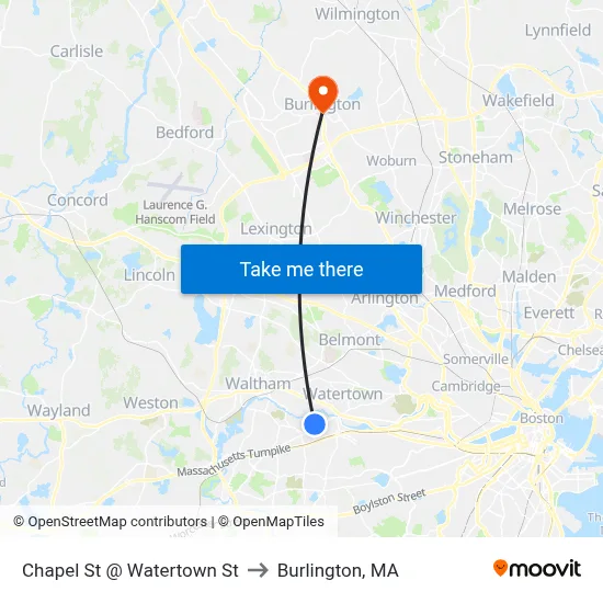 Chapel St @ Watertown St to Burlington, MA map