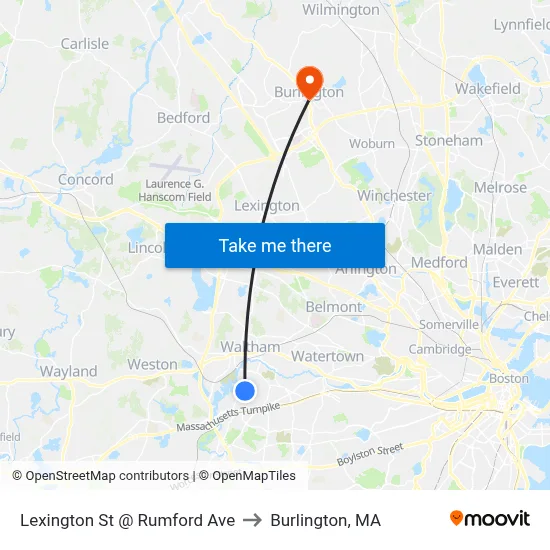 Lexington St @ Rumford Ave to Burlington, MA map