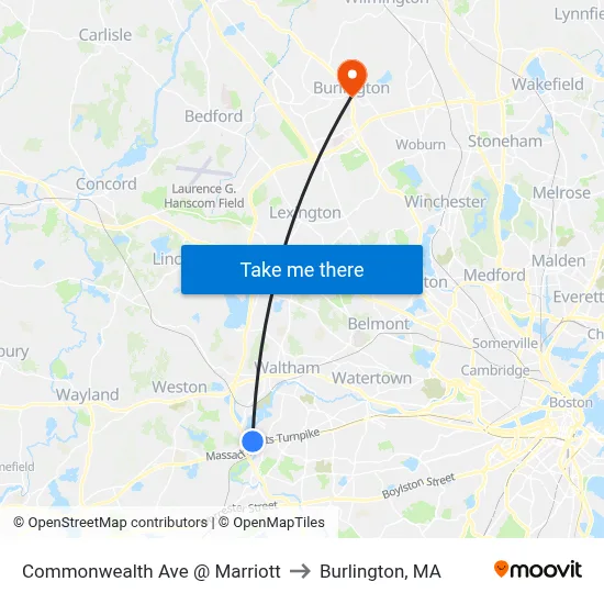 Commonwealth Ave @ Marriott to Burlington, MA map