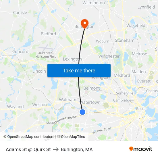 Adams St @ Quirk St to Burlington, MA map