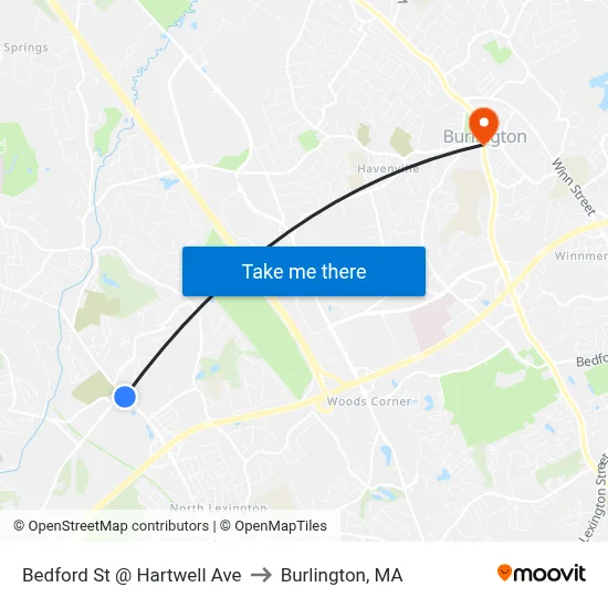Bedford St @ Hartwell Ave to Burlington, MA map