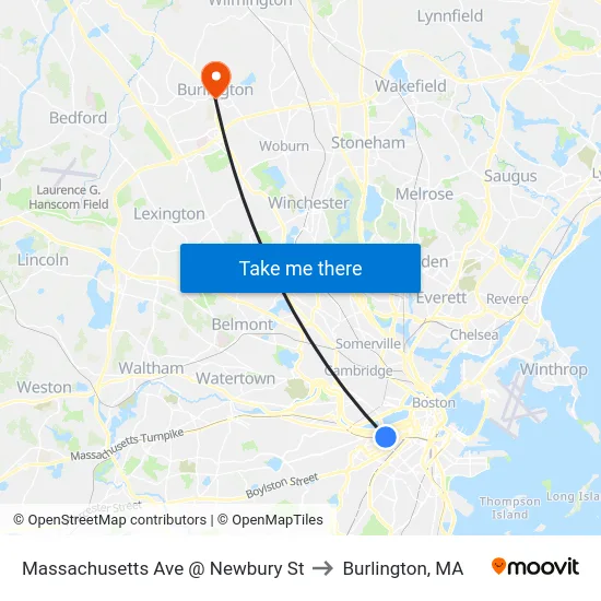 Massachusetts Ave @ Newbury St to Burlington, MA map