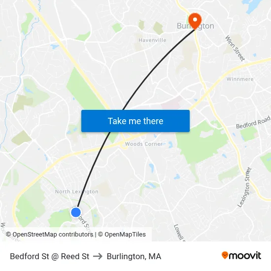 Bedford St @ Reed St to Burlington, MA map