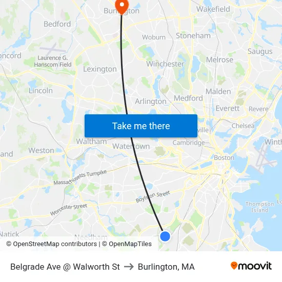 Belgrade Ave @ Walworth St to Burlington, MA map