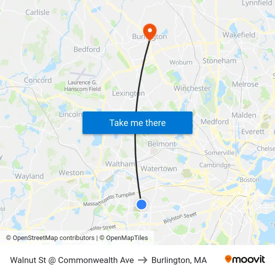 Walnut St @ Commonwealth Ave to Burlington, MA map