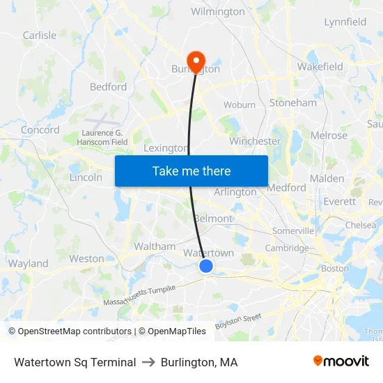 Watertown Sq Terminal to Burlington, MA map