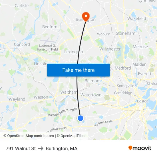 791 Walnut St to Burlington, MA map