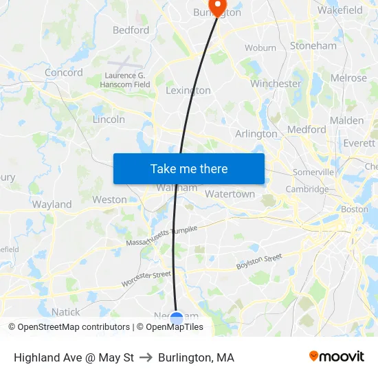 Highland Ave @ May St to Burlington, MA map