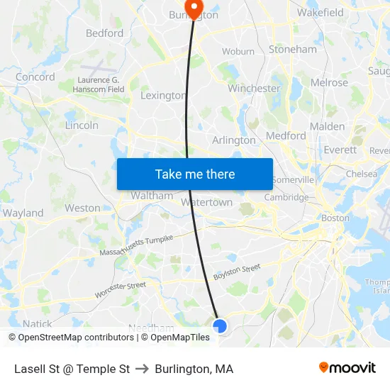 Lasell St @ Temple St to Burlington, MA map