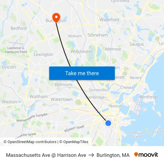 Massachusetts Ave @ Harrison Ave to Burlington, MA map