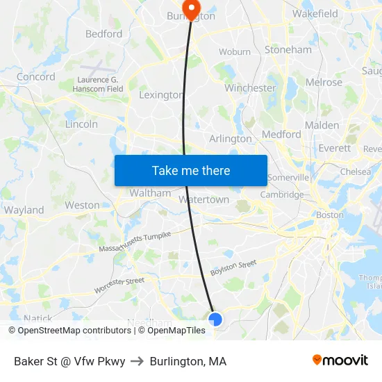 Baker St @ Vfw Pkwy to Burlington, MA map