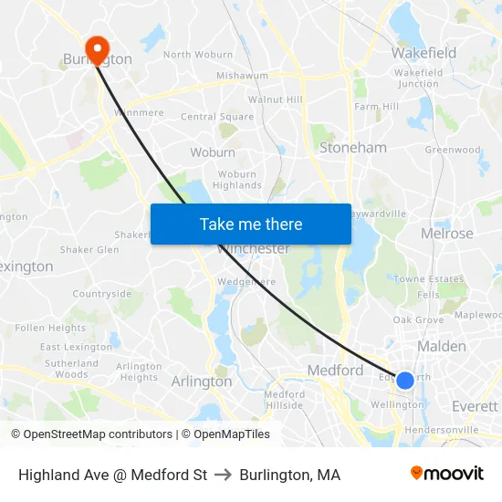 Highland Ave @ Medford St to Burlington, MA map
