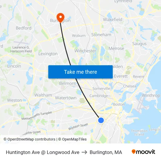 Huntington Ave @ Longwood Ave to Burlington, MA map
