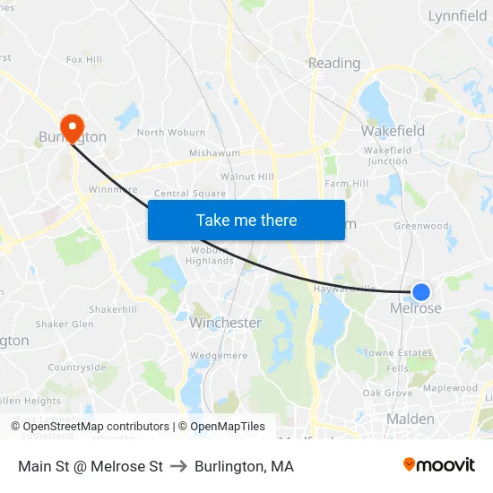 Main St @ Melrose St to Burlington, MA map