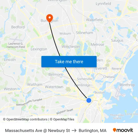 Massachusetts Ave @ Newbury St to Burlington, MA map