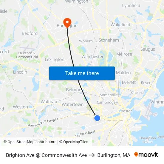 Brighton Ave @ Commonwealth Ave to Burlington, MA map