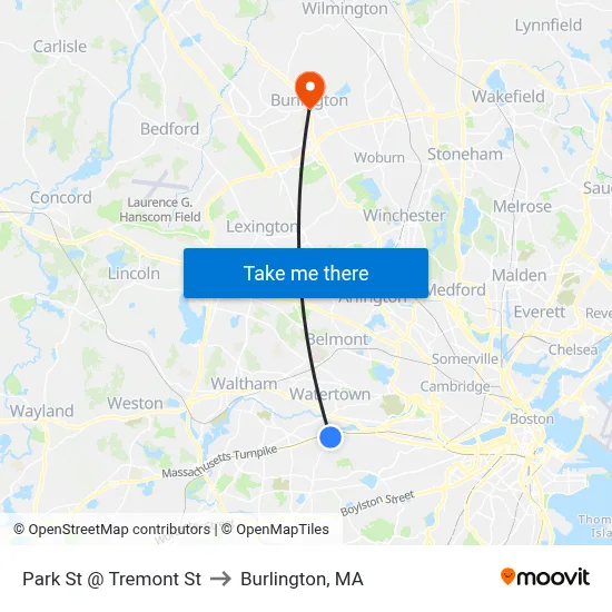 Park St @ Tremont St to Burlington, MA map