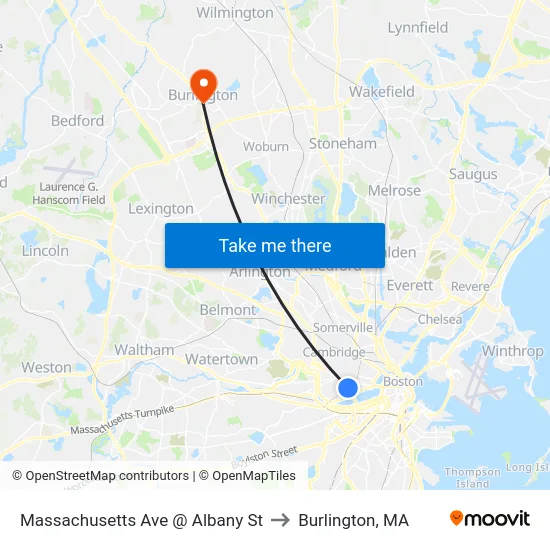 Massachusetts Ave @ Albany St to Burlington, MA map