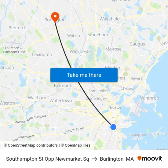 Southampton St Opp Newmarket Sq to Burlington, MA map