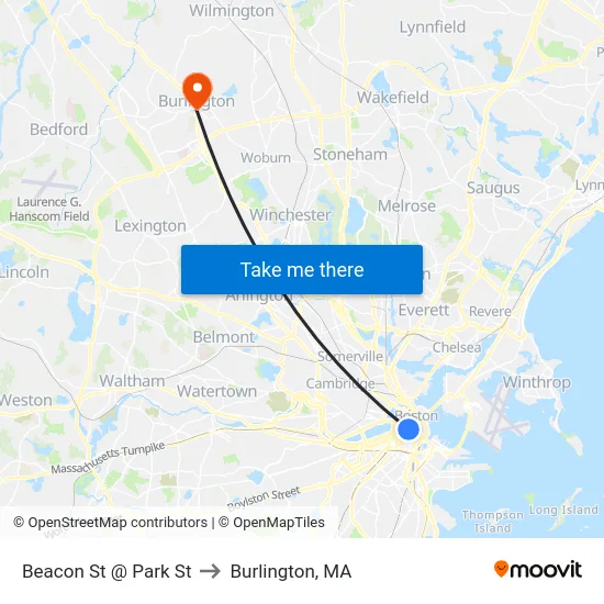 Beacon St @ Park St to Burlington, MA map