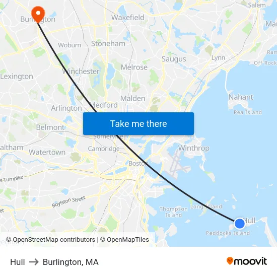 Hull to Burlington, MA map