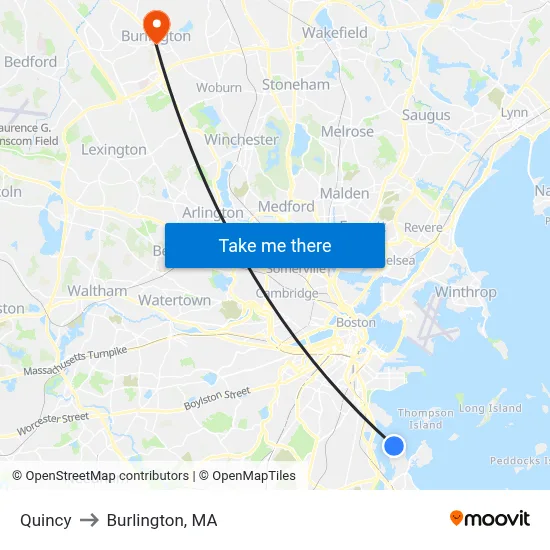 Quincy to Burlington, MA map