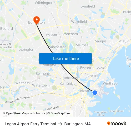 Logan Airport Ferry Terminal to Burlington, MA map