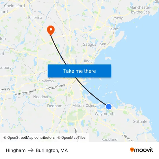 Hingham to Burlington, MA map