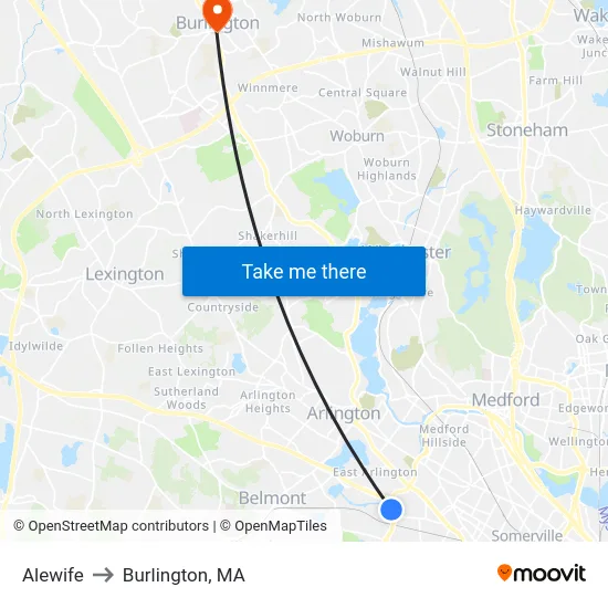 Alewife to Burlington, MA map