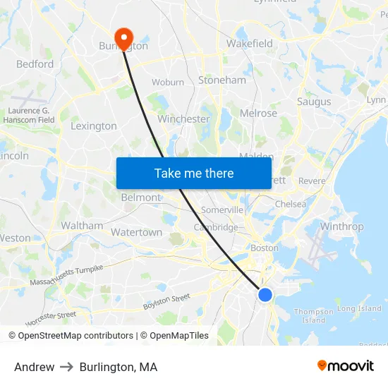 Andrew to Burlington, MA map