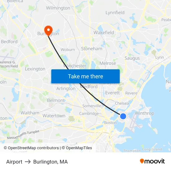 Airport to Burlington, MA map