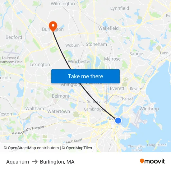 Aquarium to Burlington, MA map