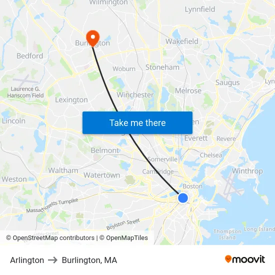 Arlington to Burlington, MA map