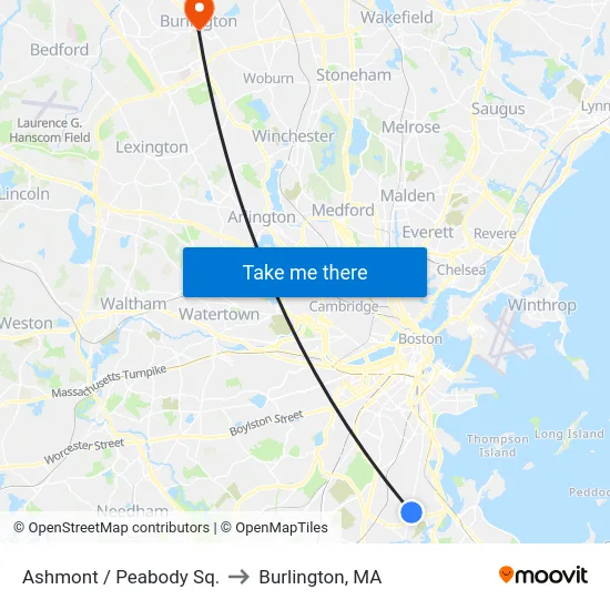 Ashmont / Peabody Sq. to Burlington, MA map