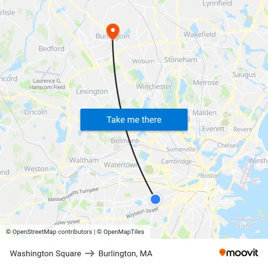 Washington Square to Burlington, MA map