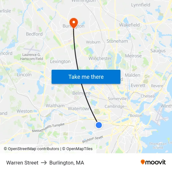 Warren Street to Burlington, MA map