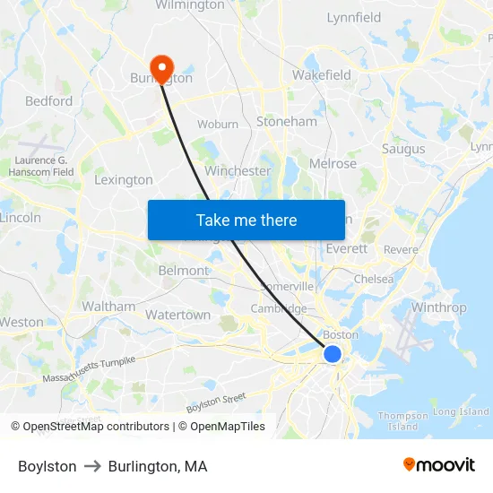 Boylston to Burlington, MA map