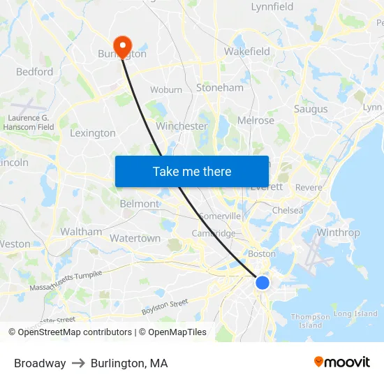 Broadway to Burlington, MA map